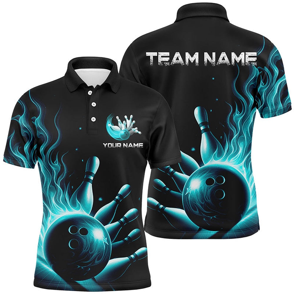 Custom Bowling Polo Shirts, Personalized Blue Flame Bowling Polo Shirts For Men And Women Bowling Team Jerseys Strike Bowling