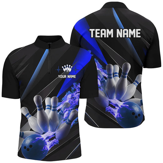 Custom Bowling Polo Shirts, Personalized Blue Flame Bowling Shirts For Men, Bowling Tournament Shirts Bowlers Outfits