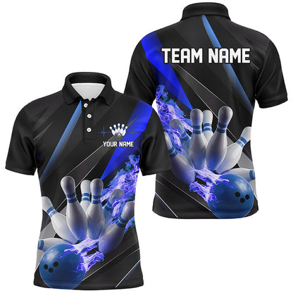 Custom Bowling Polo Shirts, Personalized Blue Flame Bowling Shirts For Men, Bowling Tournament Shirts Bowlers Outfits