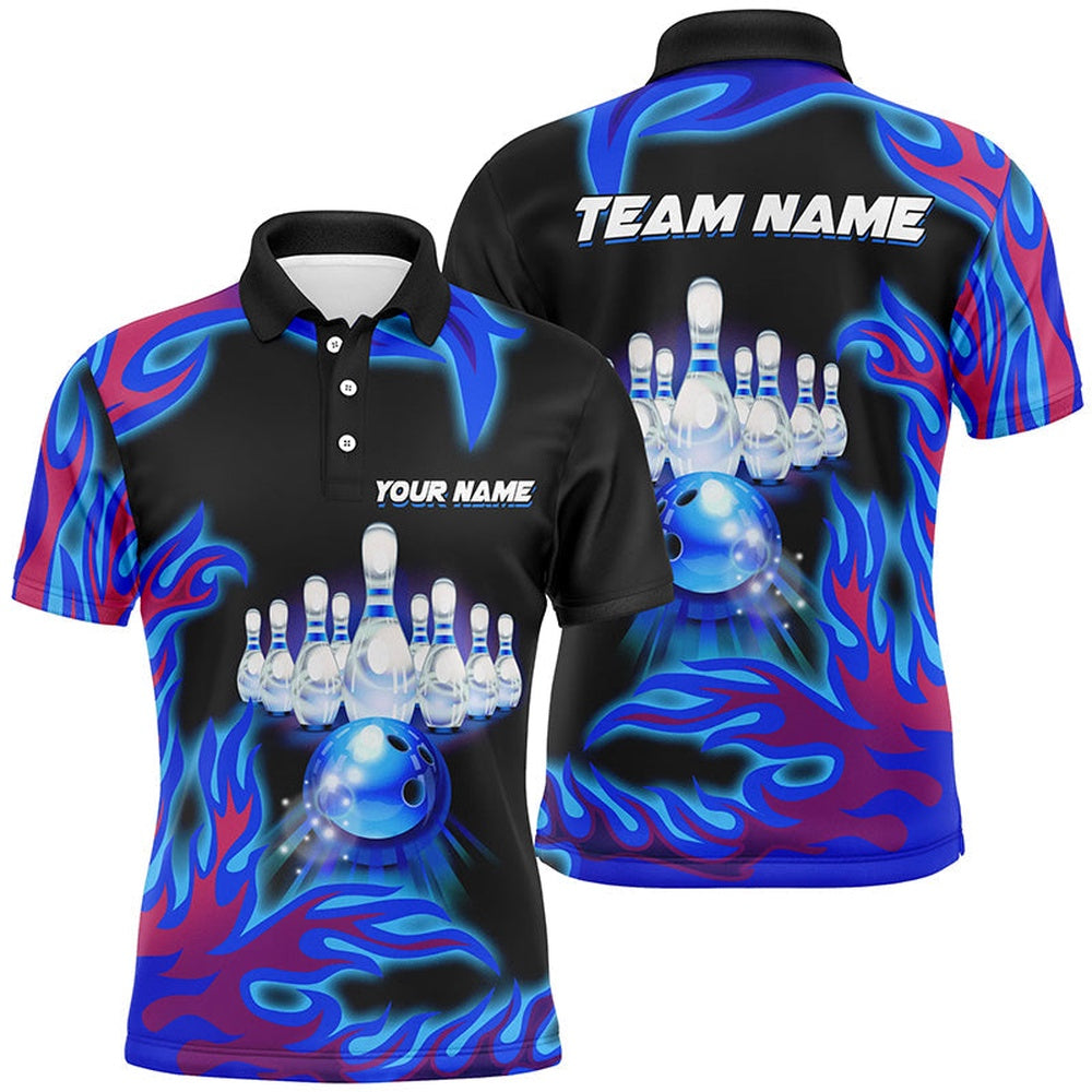 Custom Bowling Polo Shirts, Personalized Blue Flame Bowling Team Jerseys, Mens Polo Bowling Shirts Bowling League