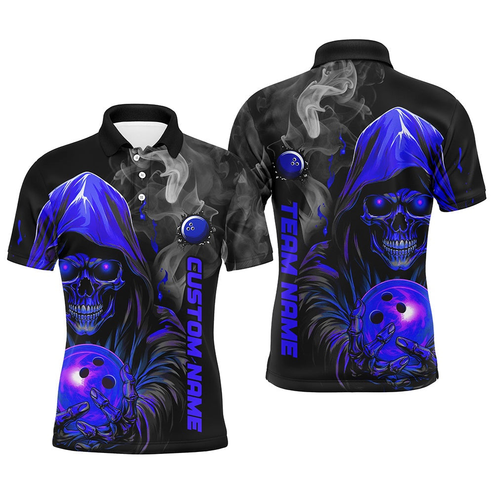 Custom Bowling Polo Shirts, Personalized Blue Skull Men'S Bowling Team Jersey Smoke Bowling Polo Shirts For Bowlers