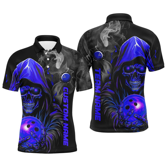 Custom Bowling Polo Shirts, Personalized Blue Skull Men'S Bowling Team Jersey Smoke Bowling Polo Shirts For Bowlers