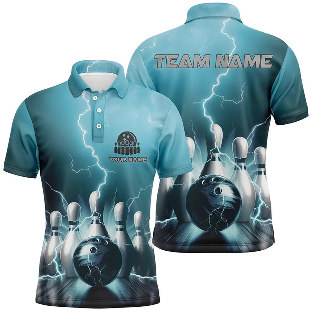 Custom Bowling Polo Shirts, Personalized Blue Thunder Lightning Men Polo Bowling Shirts Strike Bowling Team Jerseys Outfits