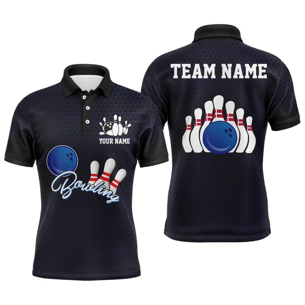 Custom Bowling Polo Shirts, Personalized Bowling Jersey For Men Bowling Team Shirt Black Bowling Polo Shirt