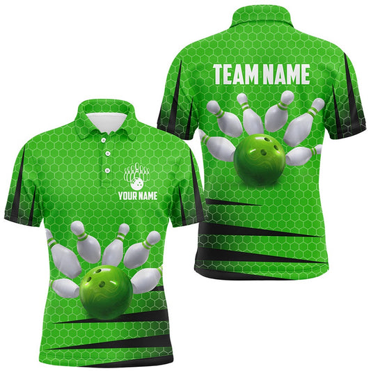 Custom Bowling Polo Shirts, Personalized Bowling Jersey Green Bowling Shirt For Men Bowling Team League Polo Shirt