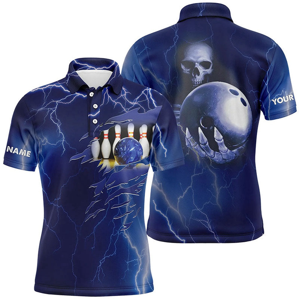 Custom Bowling Polo Shirts, Personalized Bowling Polo Shirt For Men Blue Lightning Custom Name Team Skull Bowling Jerseys