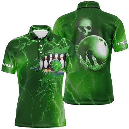 Custom Bowling Polo Shirts, Personalized Bowling Polo Shirt For Men Green Lightning Thunder Custom Name Team Skull Bowling Jerseys