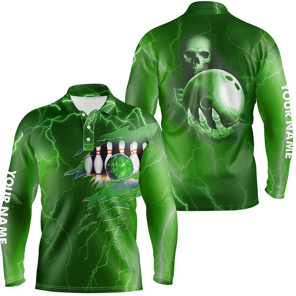 Custom Bowling Polo Shirts, Personalized Bowling Polo Shirt For Men Green Lightning Thunder Custom Name Team Skull Bowling Jerseys