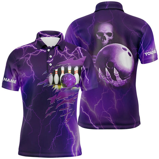 Custom Bowling Polo Shirts, Personalized Bowling Polo Shirt For Men Purple Lightning Thunder Custom Team Skull Bowling Jerseys