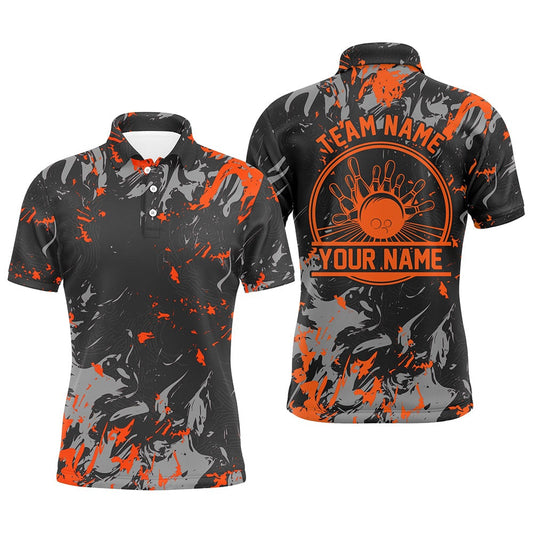 Custom Bowling Polo Shirts, Personalized Bowling Polo Shirts For Men, Bowling Balls And Pins Bowling Team Shirts Orange