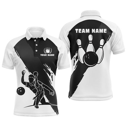 Custom Bowling Polo Shirts, Personalized Bowling Polo Shirts For Men, Custom Black White Team Bowling Jerseys For Men