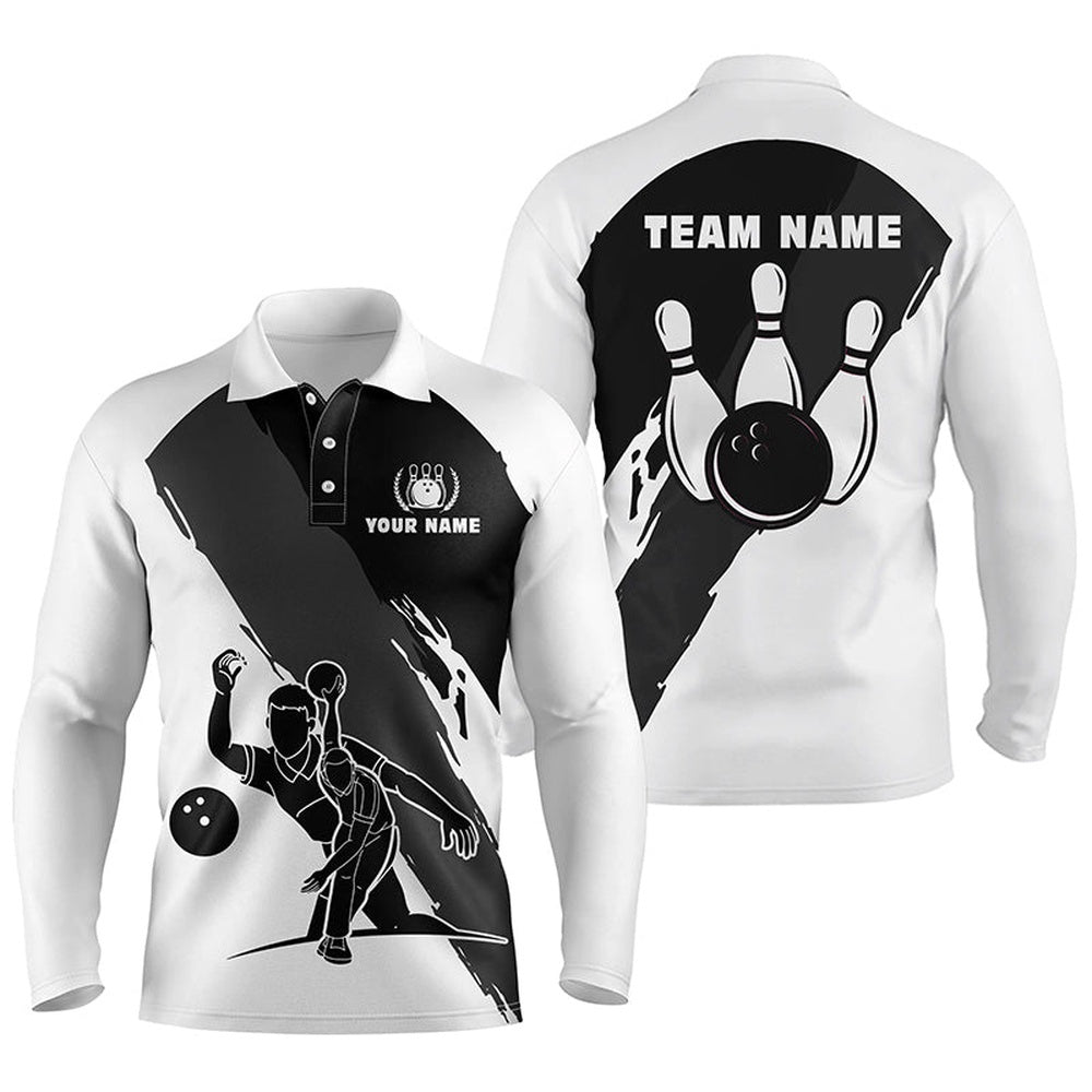 Custom Bowling Polo Shirts, Personalized Bowling Polo Shirts For Men, Custom Black White Team Bowling Jerseys For Men