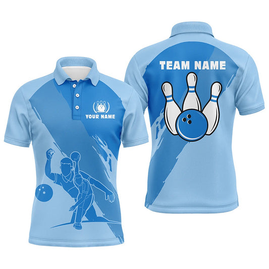 Custom Bowling Polo Shirts, Personalized Bowling Polo Shirts For Men, Custom Blue Team Bowling Jerseys For Men