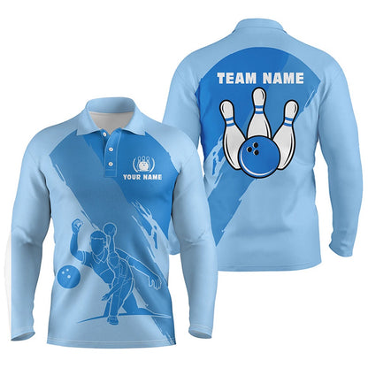Custom Bowling Polo Shirts, Personalized Bowling Polo Shirts For Men, Custom Blue Team Bowling Jerseys For Men