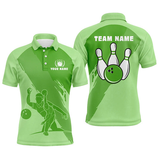 Custom Bowling Polo Shirts, Personalized Bowling Polo Shirts For Men, Custom Green Team Bowling Jerseys For Men