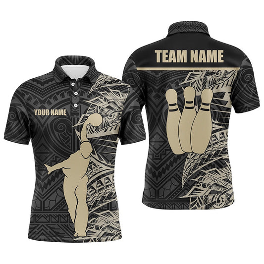 Custom Bowling Polo Shirts, Personalized Bowling Polo Shirts For Men Golden Black Tribal Team Bowling Jersey, Bowling Gift For Him