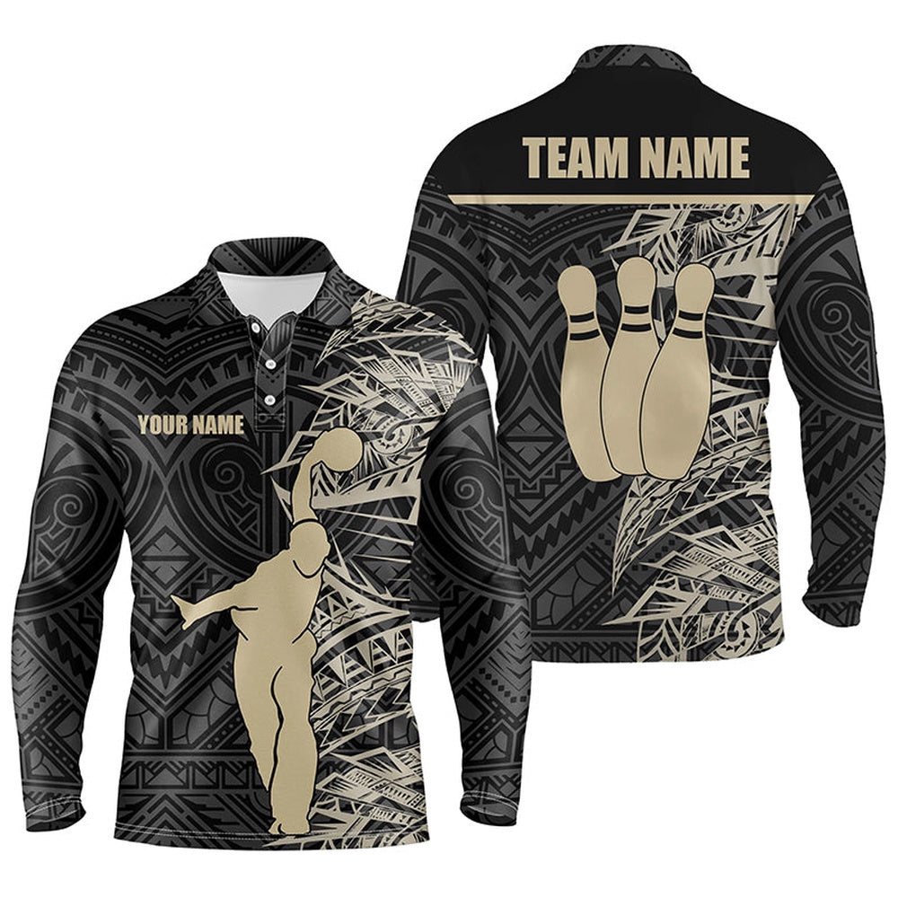 Custom Bowling Polo Shirts, Personalized Bowling Polo Shirts For Men Golden Black Tribal Team Bowling Jersey, Bowling Gift For Him