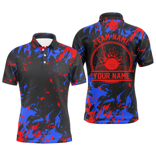 Custom Bowling Polo Shirts, Personalized Bowling Polo Shirts Men Bowling Balls And Pins Bowling Team Shirts Blue And Red