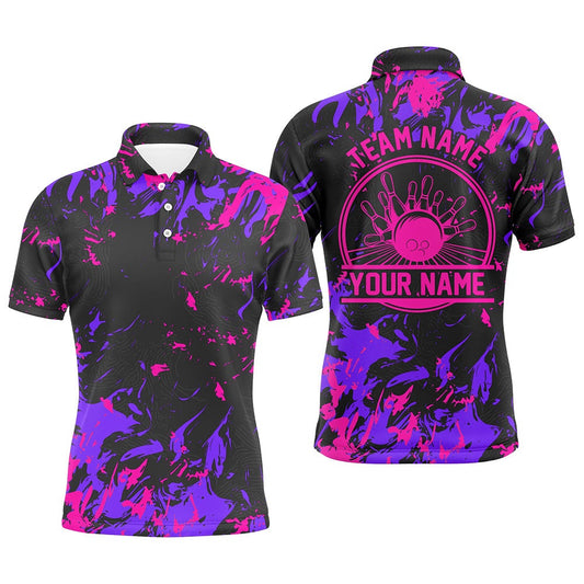 Custom Bowling Polo Shirts, Personalized Bowling Polo Shirts Men Bowling Balls And Pins Bowling Team Shirts Pink And Purple