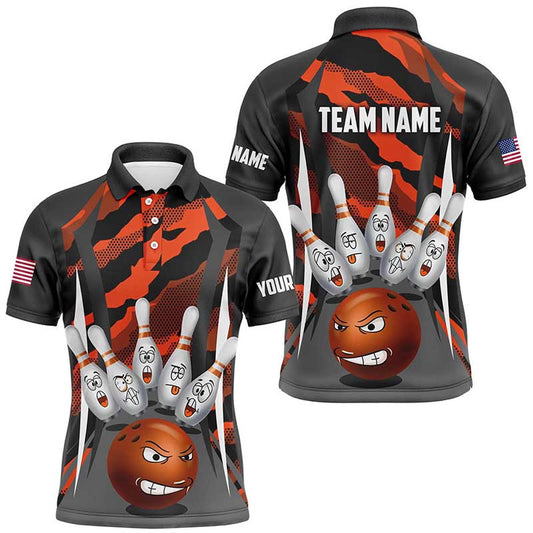 Custom Bowling Polo Shirts, Personalized Bowling Shirt For Men Camo Bowling Team League Funny Orange Polo Bowling Shirt Unisex