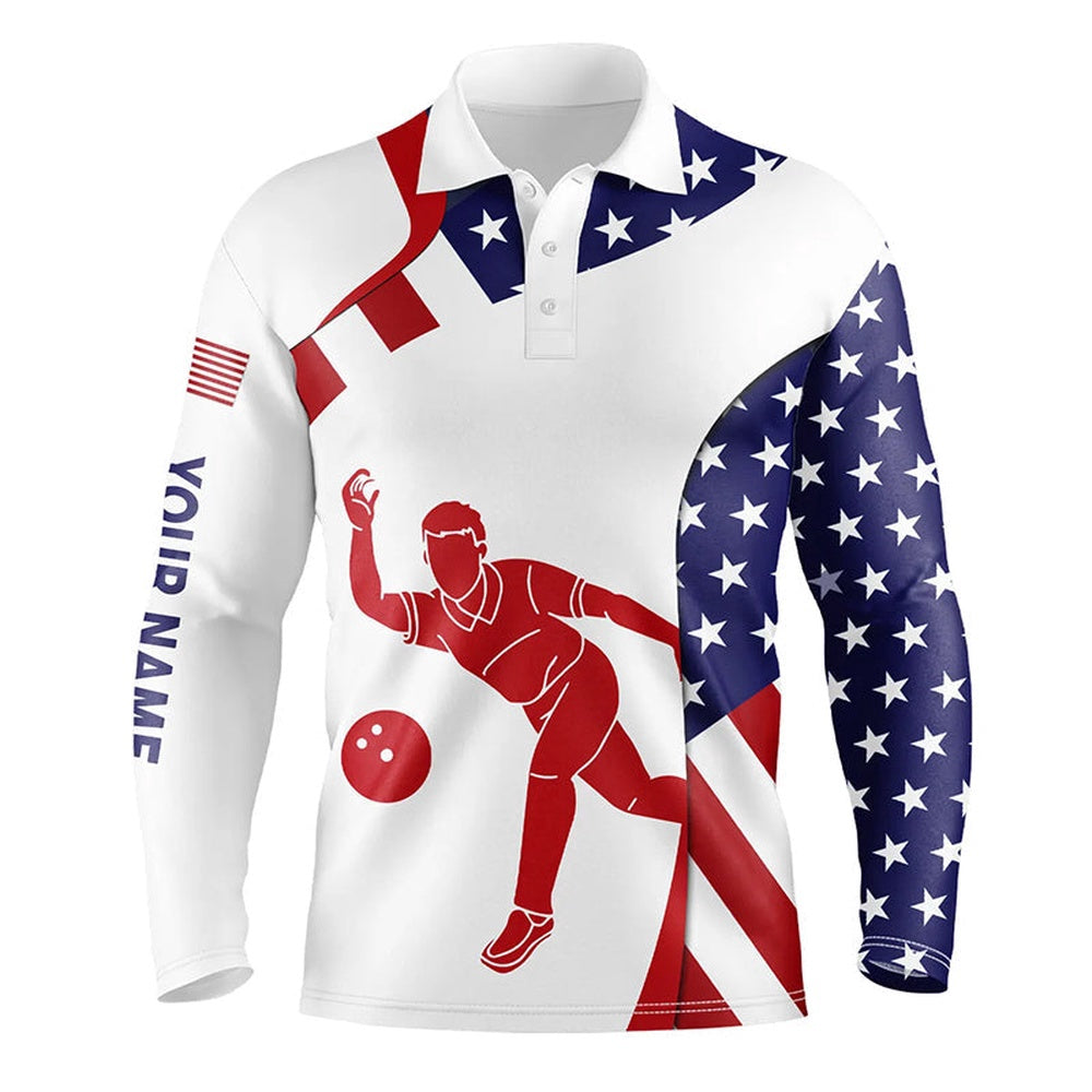 Custom Bowling Polo Shirts, Personalized Bowling Shirt For Men Custom American Flag Patriotic Bowler Jersey Bowling Polo Shirt