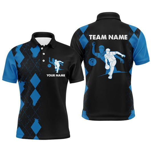 Custom Bowling Polo Shirts, Personalized Bowling Shirt For Men, Custom Name Blue&Black Polo Bowler Team Shirt For Bowling Lover