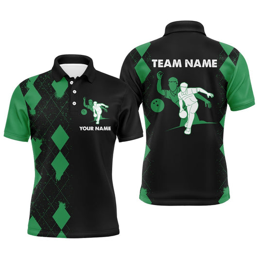 Custom Bowling Polo Shirts, Personalized Bowling Shirt For Men, Custom Name Green&Black Polo Bowler Team Shirt For Bowling Lovers