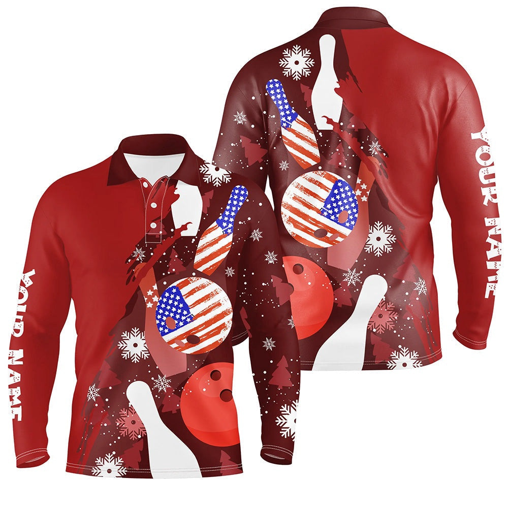 Custom Bowling Polo Shirts, Personalized Christmas American Flag Bowling Polo Shirts For Men Custom Red Bowling Team Jerseys