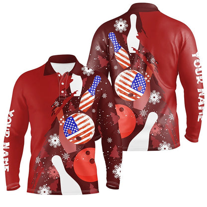 Custom Bowling Polo Shirts, Personalized Christmas American Flag Bowling Polo Shirts For Men Custom Red Bowling Team Jerseys