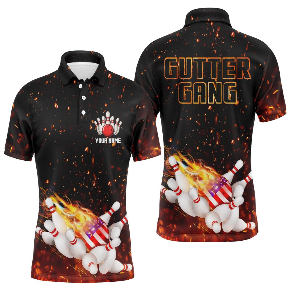 Custom Bowling Polo Shirts, Personalized Flame American Flag Bowling Polo Shirt For Men Custom Gutter Gang Team Bowling Shirts