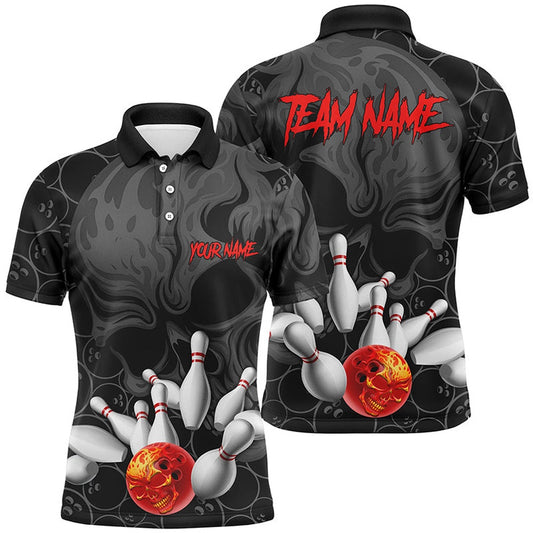 Custom Bowling Polo Shirts, Personalized Flame Skull Men Bowling Polo Shirts Skull Bowling Team Jerseys Halloween Outfits