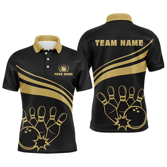 Custom Bowling Polo Shirts, Personalized Gold Bowling Polo Shirts For Men, Custom Men'S Bowling Shirt Team Bowl Jersey Black