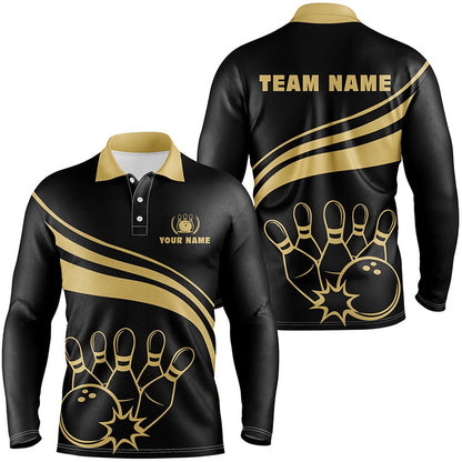 Custom Bowling Polo Shirts, Personalized Gold Bowling Polo Shirts For Men, Custom Men'S Bowling Shirt Team Bowl Jersey Black
