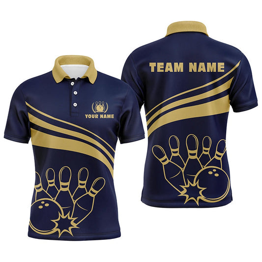 Custom Bowling Polo Shirts, Personalized Gold Bowling Polo Shirts For Men, Custom Men'S Bowling Shirt Team Bowl Jersey Navy