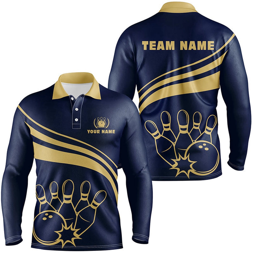 Custom Bowling Polo Shirts, Personalized Gold Bowling Polo Shirts For Men, Custom Men'S Bowling Shirt Team Bowl Jersey Navy