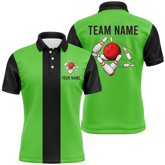 Custom Bowling Polo Shirts, Personalized Green Black Retro Bowling Polo Shirts For Men Custom Vintage Bowling Team Jerseys