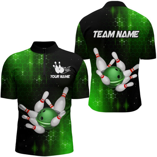 Custom Bowling Polo Shirts, Personalized Green Bowling Shirts Men Women Bowling Team Jersey Bowling Zip Shirt