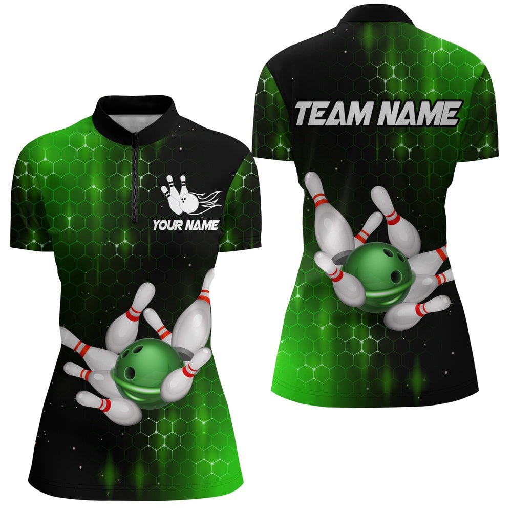 Custom Bowling Polo Shirts, Personalized Green Bowling Shirts Men Women Bowling Team Jersey Bowling Zip Shirt