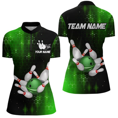 Custom Bowling Polo Shirts, Personalized Green Bowling Shirts Men Women Bowling Team Jersey Bowling Zip Shirt