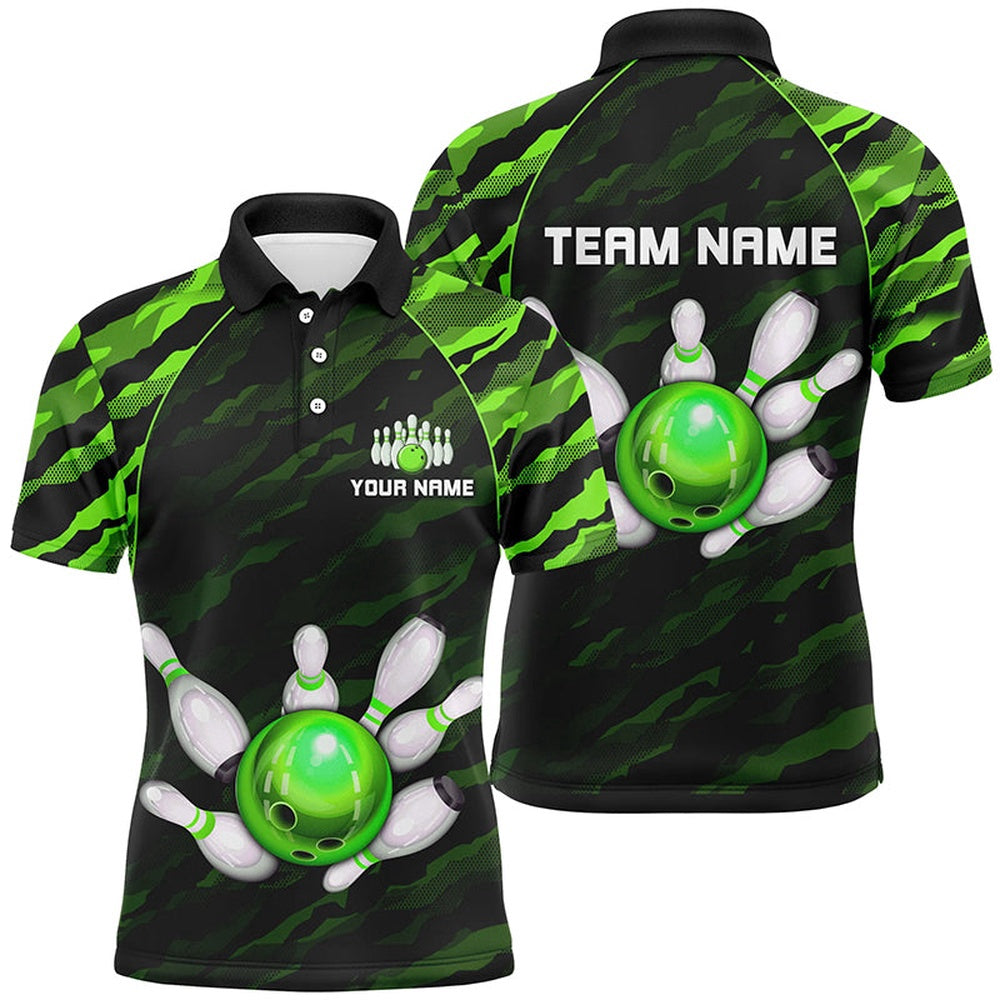 Custom Bowling Polo Shirts, Personalized Green Camo Bowling Polo Shirts Unisex Bowling Team Jersey Men Women