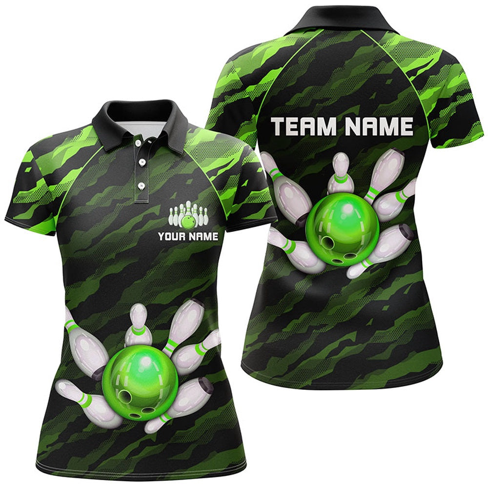 Custom Bowling Polo Shirts, Personalized Green Camo Bowling Polo Shirts Unisex Bowling Team Jersey Men Women