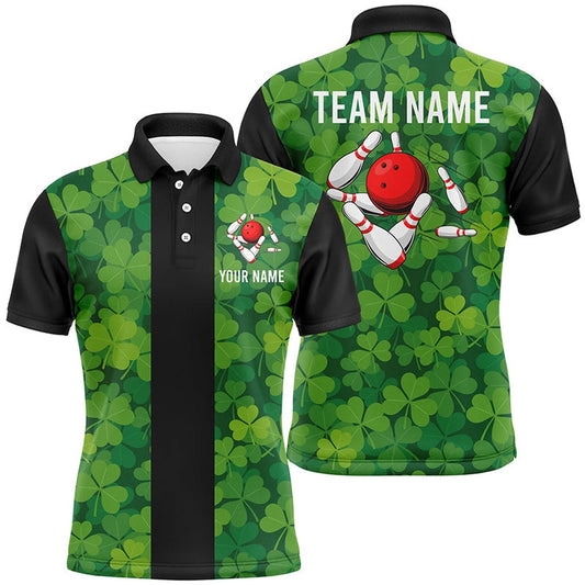 Custom Bowling Polo Shirts, Personalized Green Clover Black Retro Bowling Polo Shirts For Men Custom Vintage Bowling Team Jerseys