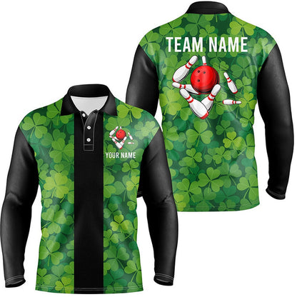 Custom Bowling Polo Shirts, Personalized Green Clover Black Retro Bowling Polo Shirts For Men Custom Vintage Bowling Team Jerseys