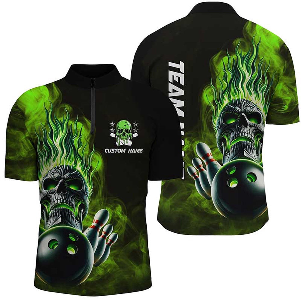 Custom Bowling Polo Shirts, Personalized Green Flame Skull Unisex Bowling Team Shirts, Strike Bowling Jerseys For Men Women