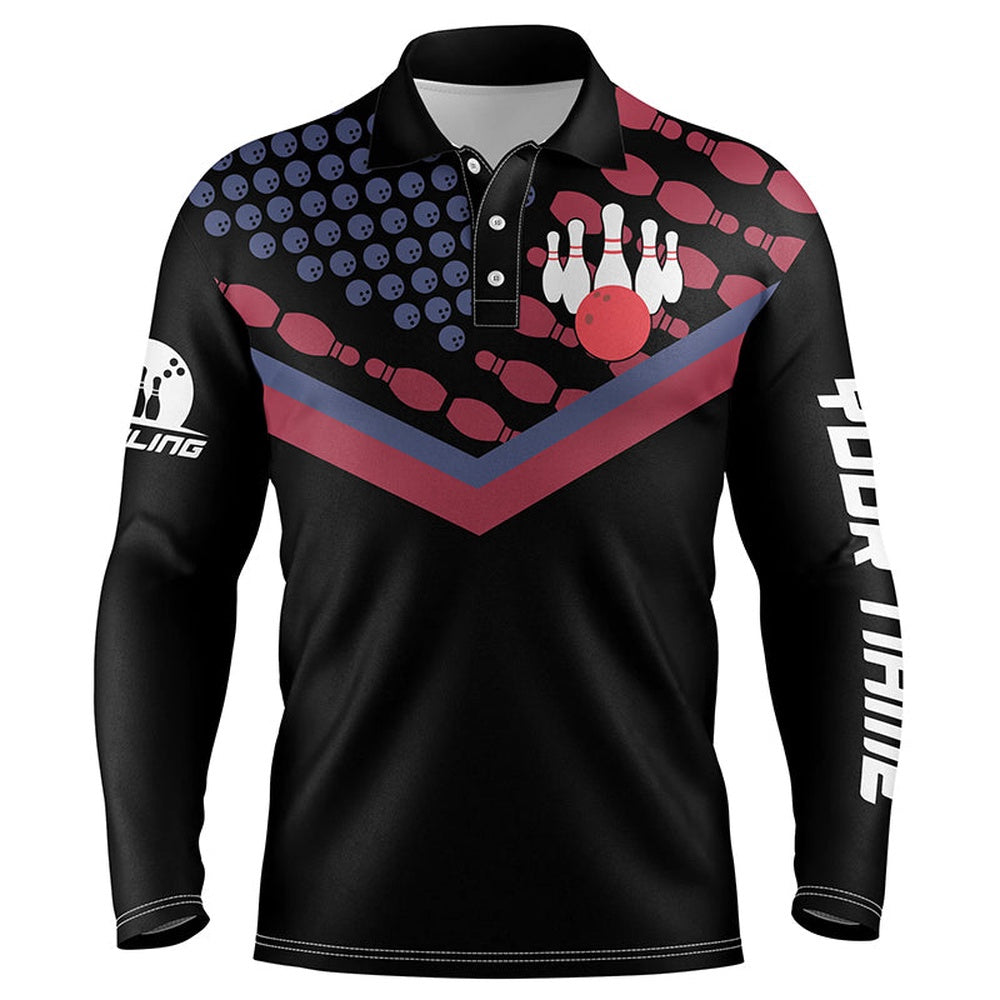 Custom Bowling Polo Shirts, Personalized Men Bowling Polo Shirt Custom Name Vintage Bowling Ball Pins American Flag, Bowl Gifts