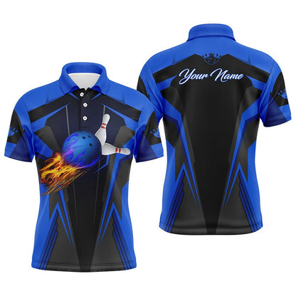 Custom Bowling Polo Shirts, Personalized Men Bowling Polo Shirt Flame Bowling Ball And Pins, Bowling Polo For Men Bowlers Blue