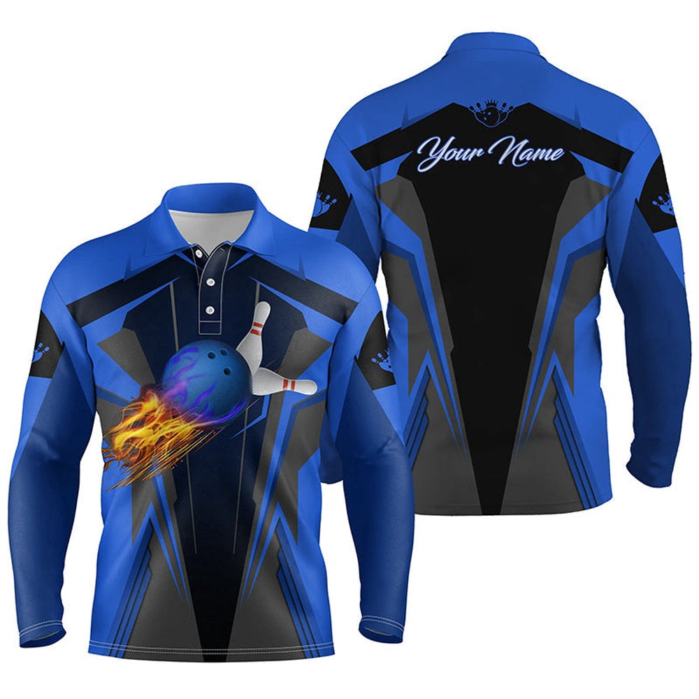 Custom Bowling Polo Shirts, Personalized Men Bowling Polo Shirt Flame Bowling Ball And Pins, Bowling Polo For Men Bowlers Blue