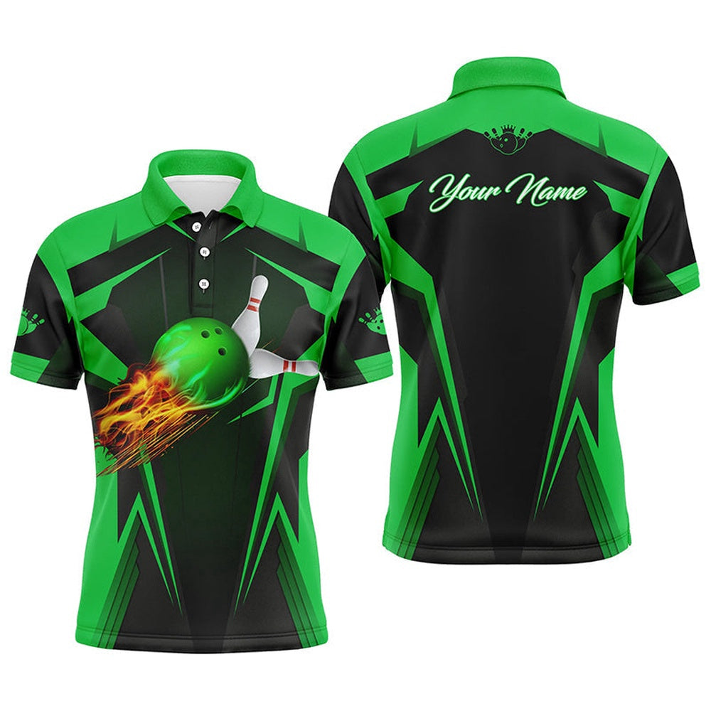 Custom Bowling Polo Shirts, Personalized Men Bowling Polo Shirt Flame Bowling Ball And Pins, Bowling Polo For Men Bowlers Green