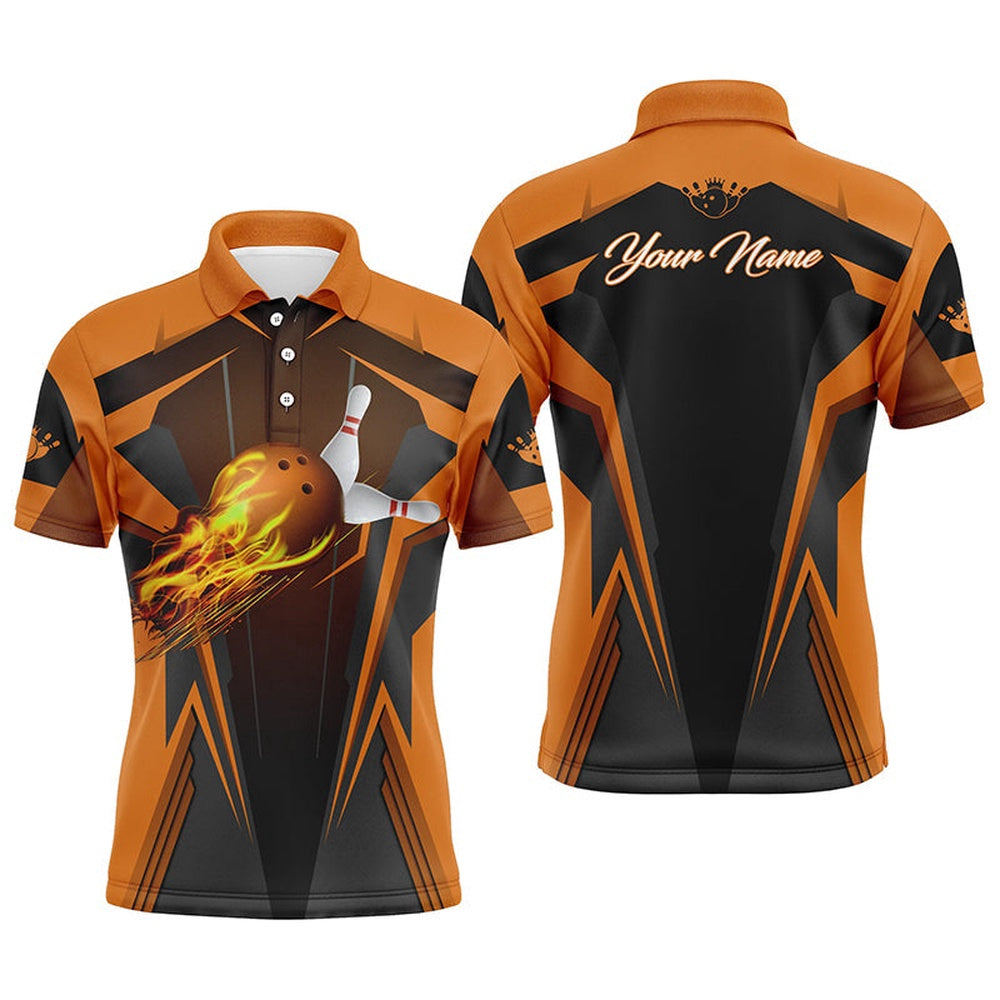 Custom Bowling Polo Shirts, Personalized Men Bowling Polo Shirt Flame Bowling Ball And Pins, Bowling Polo For Men Bowlers Orange