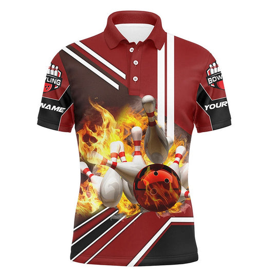 Custom Bowling Polo Shirts, Personalized Men Bowling Polo Shirt Flame Bowling Ball And Pins, Bowling Polo For Men Bowlers Red
